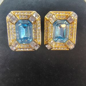 Vtg Christian Dior Emerald Cut Statement Earrings Aqua Blue Gold Tone